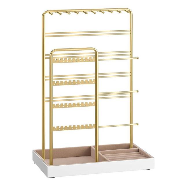 SONGMICS Jewelry Holder, Jewelry Organizer, Jewelry Display Stand with Metal Frame, Velvet Tray, Necklace Earring Bracelet Holder, for Studs, Rings, Gift Idea, Pale Gold UJJS028A01