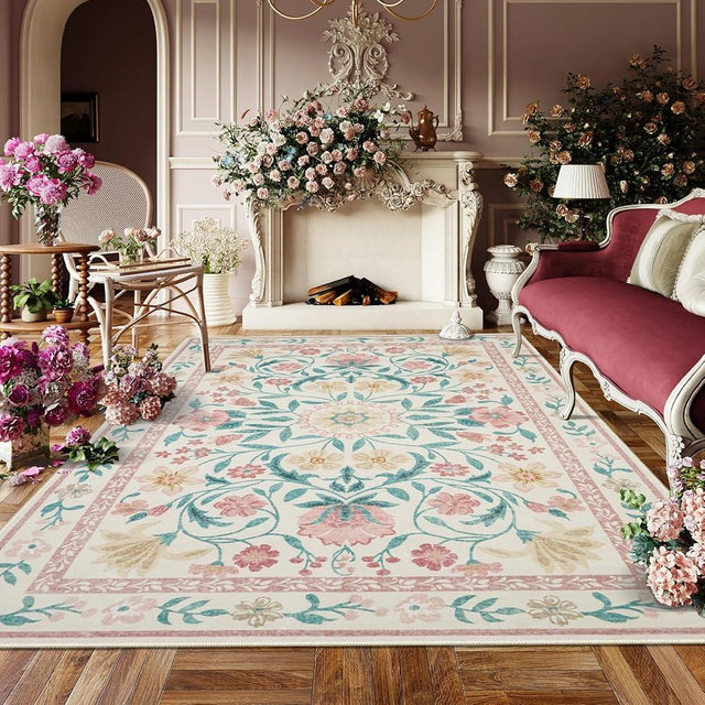Lahome Pink Floral Rugs for Bedroom 5x7, Washable Boho Soft Area Rugs for Living Room, Low Pile Thin Nursery Carpet with Rubber Backing Non-Slip for Dining Room Home(Light Pink 5x7)
