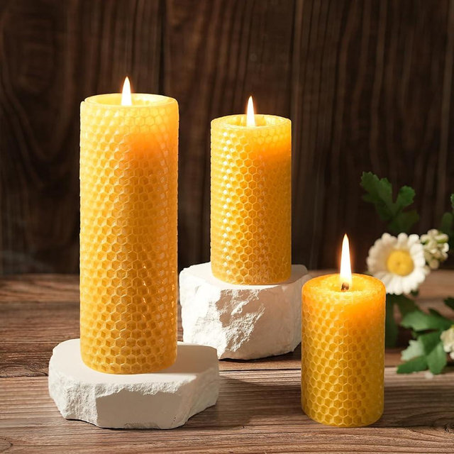 Natural Beeswax Pillar Candles Hand-Rolled,3 Pack Multiple Heights Rolled Bees Wax Candle for Home,Unscented,Smokeless&Dripless-1.77x3in,2x4in,2x6in Pure Beeswax Candles for Wedding, Meditation, Gifts