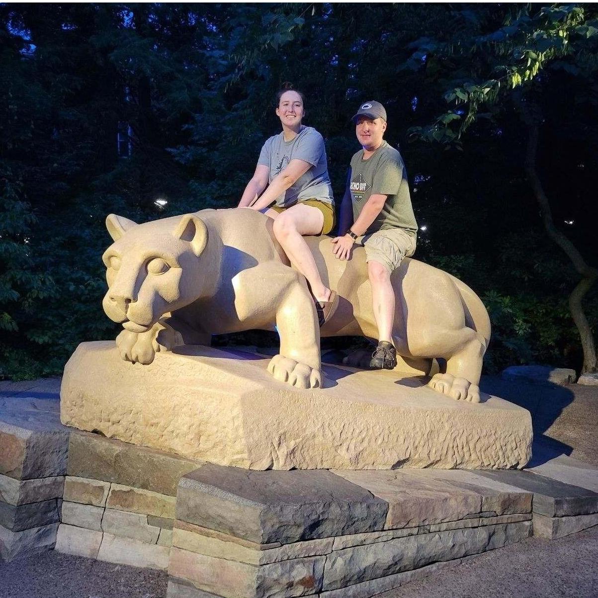 Riding the Nittany Lion on the Penn State campus during a trip to visit our best friends, Mitchell and Natalie, August of 2021!