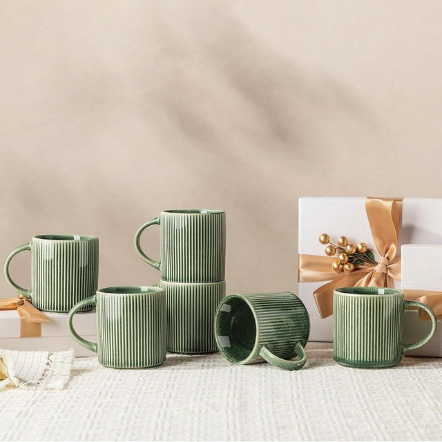 GBhome Coffee Mugs Set for 6, 12oz Coffee Cups with Handle for Man,Woman,Dad,Mom, Stoneware Mugs Sets for Coffee, Latte,Tea, Hot Cocoa, Milk, Dishwasher&Microwave Safe, Dark Green