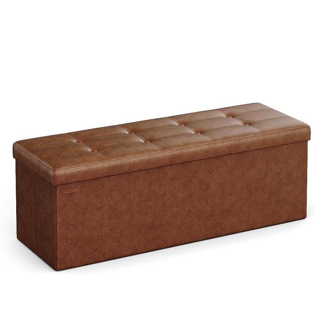 SONGMICS 43 Inches Folding Storage Ottoman Bench, Storage Chest, Footrest, Coffee Table, Padded Seat, Faux Leather, Holds up to 660 lb, Coffee Brown ULSF070K01