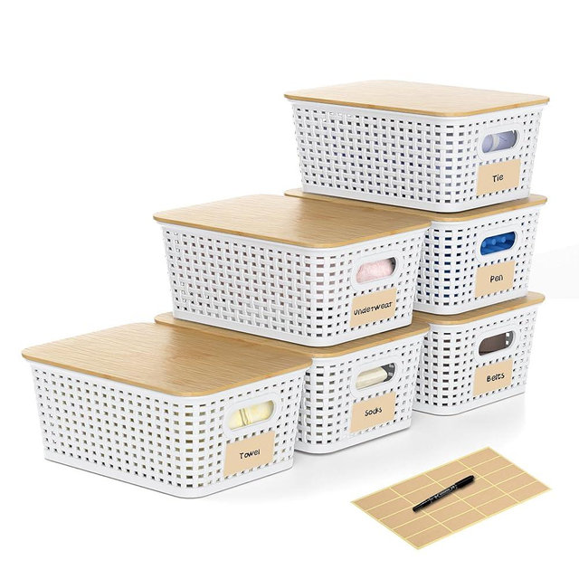 Wrrlors Plastic Storage Baskets with Bamboo Lids and Labels, Stackable Storage Containers, Storage Bins for Organizing Shelves Drawers Desktop Closets Office, 6 Packs-White