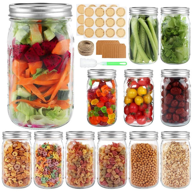 PINIWON Wide Mouth Mason Jars 32 oz with Airtight Lids and Bands, 12 Pack Quart Canning Jars, Clear Glass Mason Jars for Canning, Pickling, Preserving, Meal Prep, DIY Projects