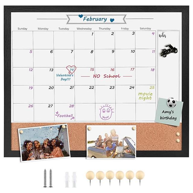TORASO Whiteboard Calendar & Corkboard, 18" x 22" Magnetic Surface Combination Dry Erase White Board & Bulletin Board, Black Wood Framed Blackboard/Calendar/Cork Combo Board(ZHYL-BK-4555)