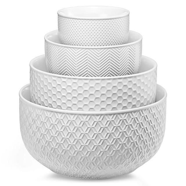 KooK Ceramic Mixing Bowls, Nesting Set of 4, Embossed Kitchen Dishware, Prep, Serving, Gift, Microwave and Dishwasher Safe, 20/44/98/145 oz, Narbonne Collection (Marshmallow)