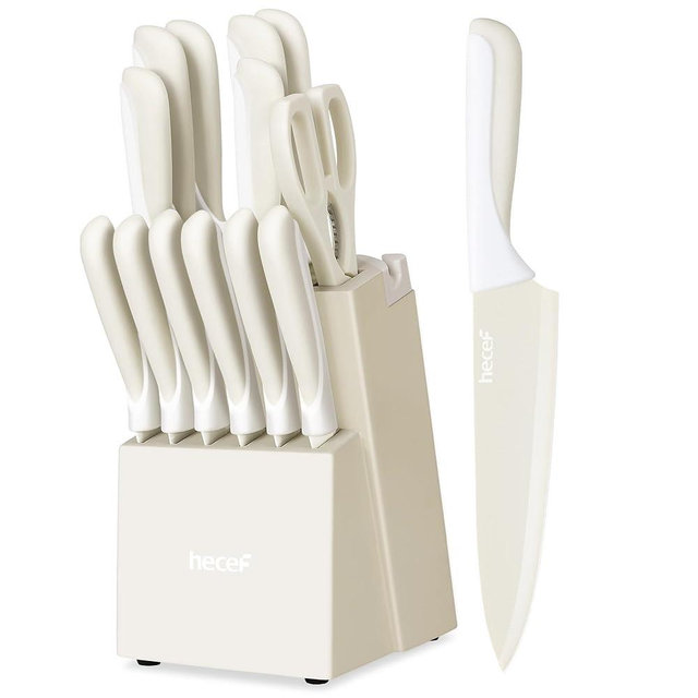 hecef 15 Pieces Kitchen Knife Set with Built-in Sharpening Wooden Block, Dishwasher Safe, High Carbon Stainless Steel Knife Block Set with Steak Knives, Kitchen Scissors, Cream White