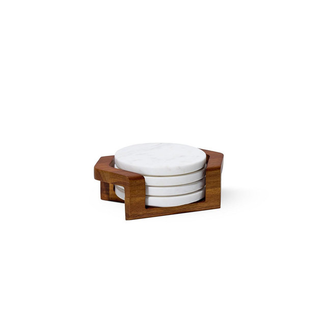 Nambé Chevron Coaster Set with Holder in Acacia Wood and Marble