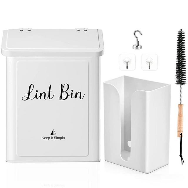 SUBEKYU Magnetic Lint Bin and Dryer Sheet Holder Set for Laundry Room, Metal Lint Bin with Lid and Plastic Dryer Ball Holder Magnetic for Mounting on Dryer,Stylish Laundry Room Organization