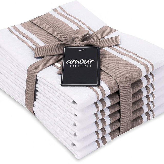 AMOUR INFINI Kitchen Towels 100% Cotton Pack of 6, Highly Absorbent Quick Drying Super Soft Premium Dish Towel for Kitchen with Hanging Loop Hand & Tea Towels - 20x28 Inch (Beige)