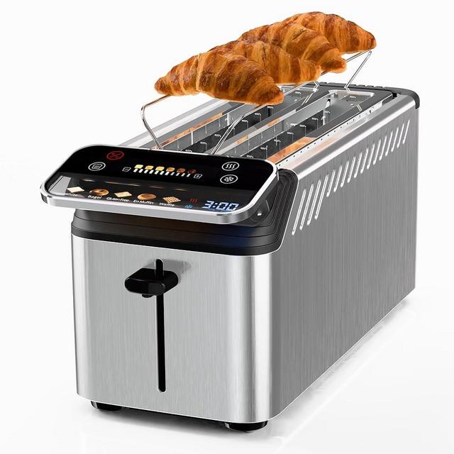 WHALL Long Slot 4 Slice Toaster, Touch Screen Toasters with Projection Display, 1.5" Wide Slot, 5 Bread Types & 11 Shade Settings, Digital Timer, Warming Rack, Crumb Tray, Reheat/Defrost, Silver
