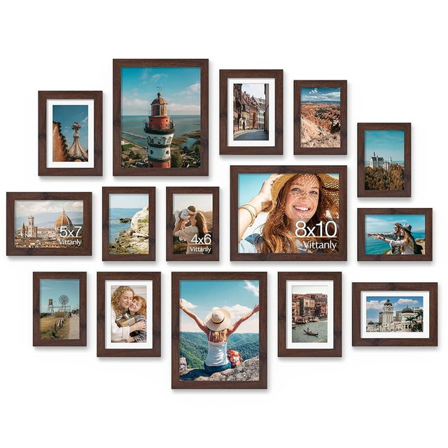 Vittanly 15 Pack Picture Frames Collage Wall Decor for Mounting or Tabletop Display, Gallery Frame Set for Family, Multi Sizes Including 3pcs 8x10, 6pcs 5x7, 6pcs 4x6, Light Brown
