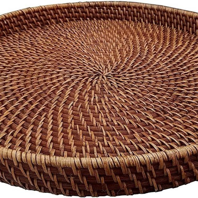 Large 18" Round Wicker Serving Tray with Handles | Brown