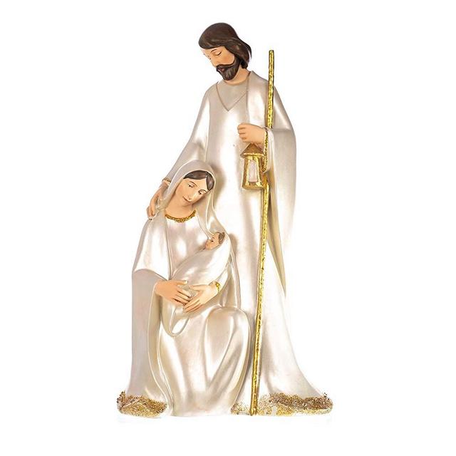 Holy Family Ivory and Gold Tone 15 inch Resin Stone Decorative Table Top Collectible Figurine