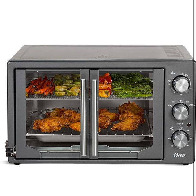 Oster Extra-Large 42L French Door Countertop Toaster Oven, 6-in-1 Air Fryer Oven with Air Fry Rack, Wire Rack, Baking Pan and Crumb Tray, Stainless Steel
