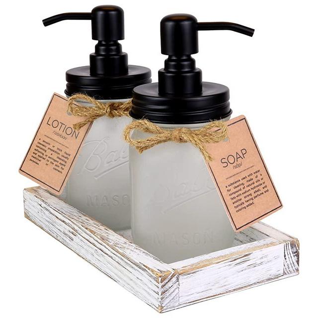 Marino Essentials Frosted Mason Jar Soap Dispenser 16oz Set of 2 with Hand Made Farmhouse Rustic Tray | Multi Purpose | Perfect for Kitchen Bathroom Home Decor | Rust Proof Stainless Steel Pump Lid