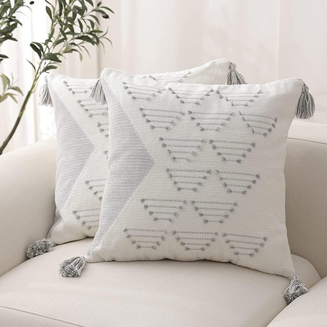blue page Boho Throw Pillow Covers Grey and Cream White Pillow Covers 18X18 for Couch Sofa Living Room, Set of 2 Farmhouse Decorative Pillow Covers, Modern Accent Neutral Pillow Covers Set