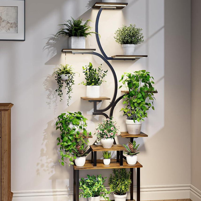 Plant Stand Indoor with Grow Lights - 9-Tier Curved Plant Stand, Tall Metal and Wood Indoor Plant Shelf with Unique Arched Design, Multi-Tier Flower Pot Holder Rack with Waterproof Finish, 63" Tall for Living Room, Balcony, and Garden