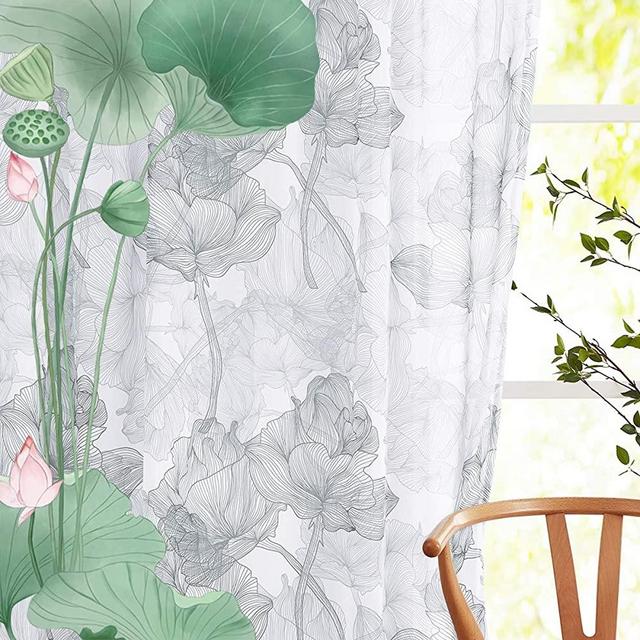 Treatmentex Lotus Grey Sheer Curtains for Living Room 84" Line Drawing Print Gray White Sheers Floral Botanical Chiffon Window Curtain Panels for Studio Office Japanese Drapes 2pcs