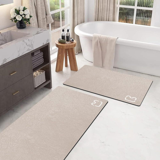 2 Piece Bathroom Rugs Mat Set - Quick Dry Diatomaceous Earth Bath Mat for Bathroom Non-Slip Bath Rug with Rubber Backing, Absorbent Bath Mat Thin Bath Floor Mat, 15.7x23.6+15.7x47.2 Inch, Taupe