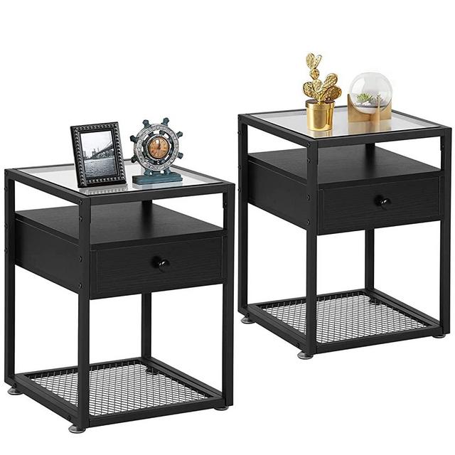 VECELO Nightstand Industrial Style End Side Table Cabinet with Drawer and Shelf Decoration in Living Room Bedroom Lounge,Set of 2, 15.7"X15.7"X21.7", Black