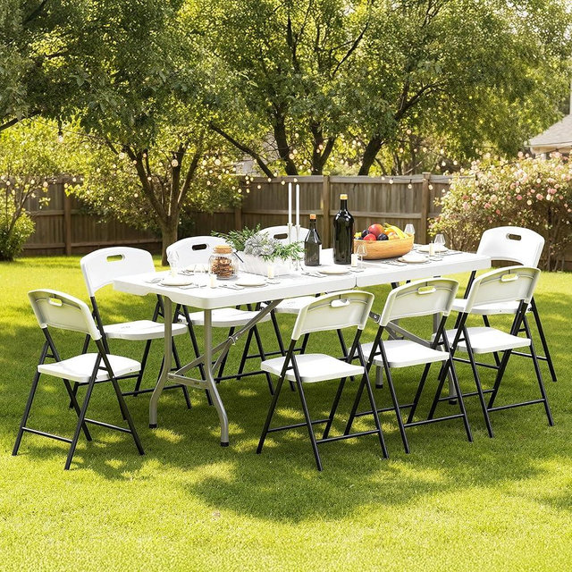 70.5" Foldable Outdoor Dining Set with 8 Fully assembled Dining Chairs for Easy Storage, Portable Patio Table and Chairs Set for Camping Picnic, Heavy Duty Patio Table Set for Garden Yard.
