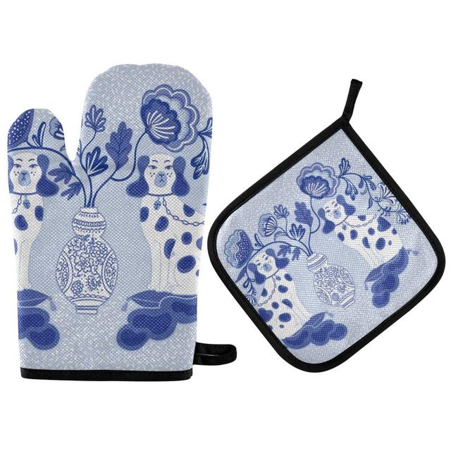 Staffordshire Dogs in Chinoiserie Style Blue & White Porcelain Oven Mitts
