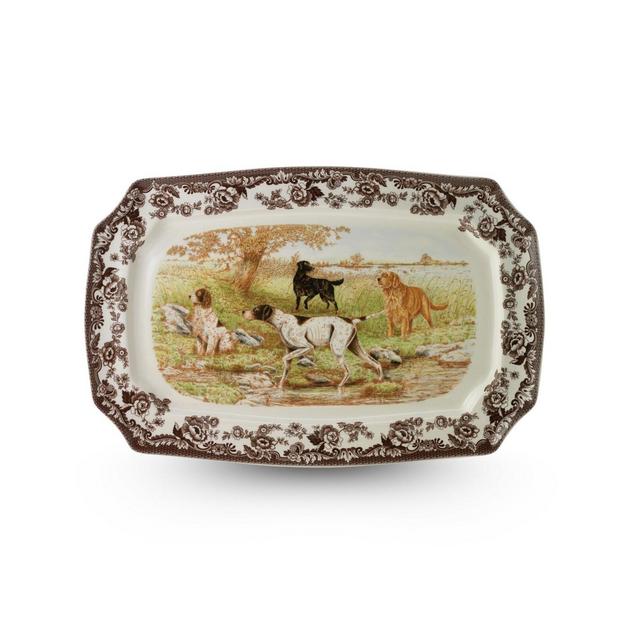 Spode Woodland Hunting Dogs 17.5" Rectangular Platter - Fine Porcelain, Dishwasher & Microwave Safe, Warm Oven to 225°F, Large Holiday Serving Dish