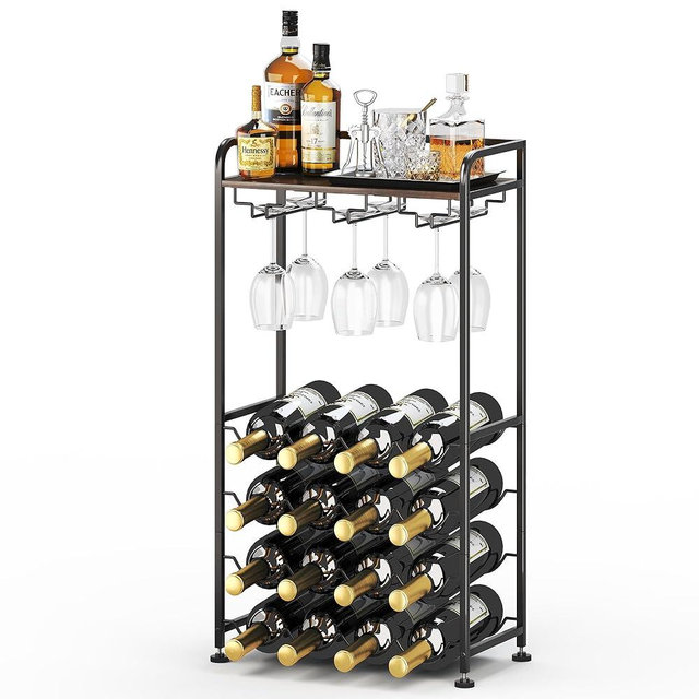 IBEDMAZIE Freestanding Floor Wine Rack,16 Bottles Wine Shelf for Kitchen,Dining Room,Home,Office, Bar,Perfect Combination of Wood and Metal, Easy to Install