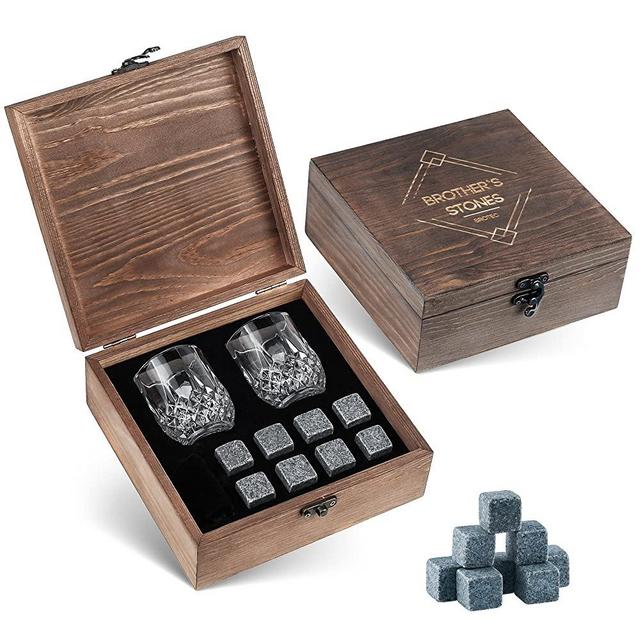 Whiskey Stones and Glass Set - 8 Granite Chilling Whisky Rocks – 2 Crystal Shot Glasses in Wooden Box – Premium Bar Accessories for the Best Tasting Beverages