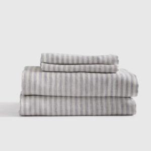 Linen Sheets | Quince in mist/white stripe color (queen size with flat sheet)