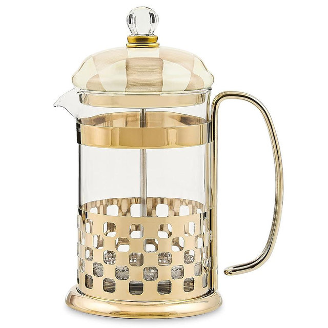 MACKENZIE-CHILDS Coffee French Press, Glass French-Press Coffee Maker, 32-Ounce Capacity, Brown-and-White Mocha Check