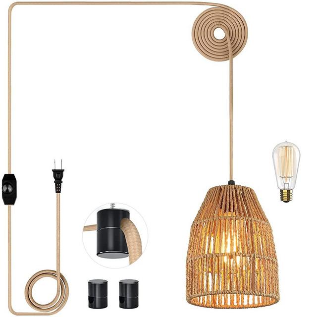 Plug in Pendant Light, Hanging Lights with 15ft Golden Cotton Cord & Stepless Dimming Switch, Handwoven Hemp Rope Lampshade, Boho Hanging Lamp for Dining Room,Hallway (Bulb & 2 Swag Hooks Included)