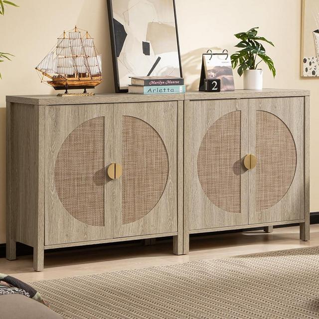 SICOTAS Accent Wood Storage Cabinet Set of 2, Rattan Sideboard Buffet Cabinet with Adjustable Shelves, Multifunctional Console Table Credenza for Dining Room, Living Room, Entryway, Kitchen