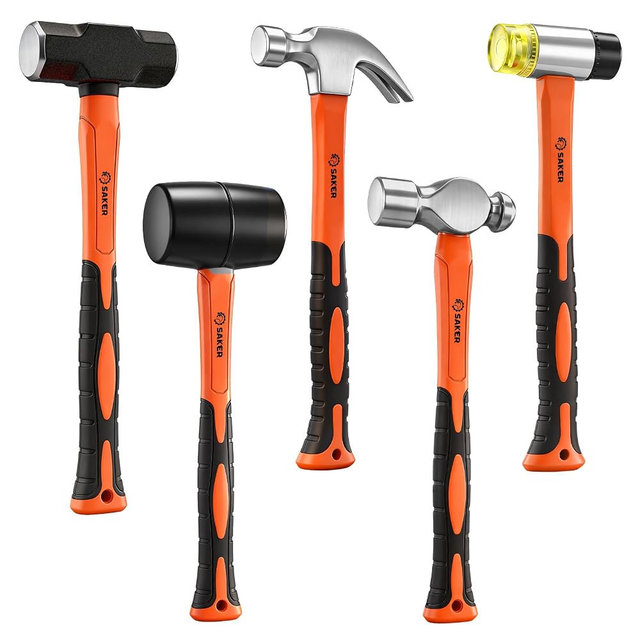 Saker 5-Piece Hammer Set,3lb Sledge Hammer,16oz Rubber Mallet, 16oz Ball Peen Hammer & Claw Hammer, 7oz Cross Peen Hammer for Home Repair & DIY Projects