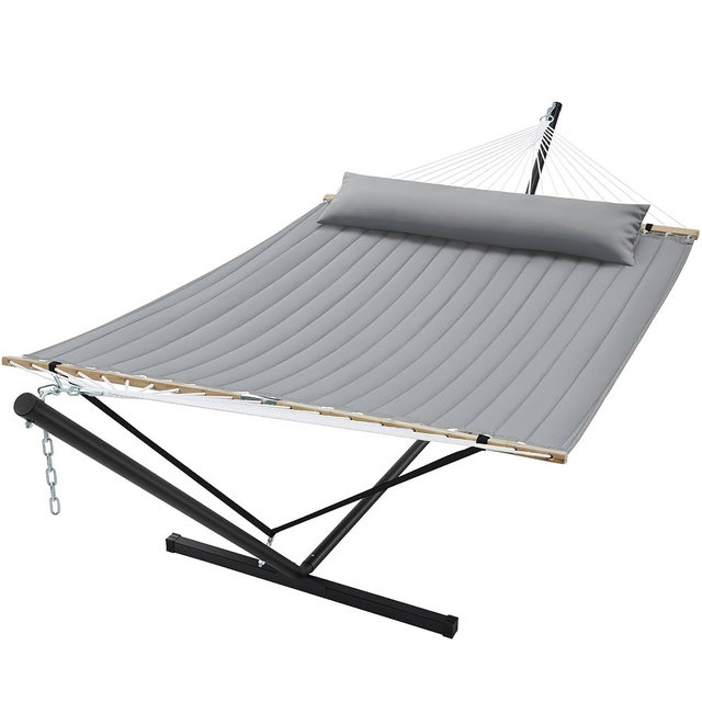 SUPERJARE Hammock with Stand, 2 Person Quilted Outdoor Hammock, Detachable Pillow & Bamboo Spreaders, Portable Hammock with Carrying Bag, Heavy Duty Stand, Perfect for Outside, Patio, Gray