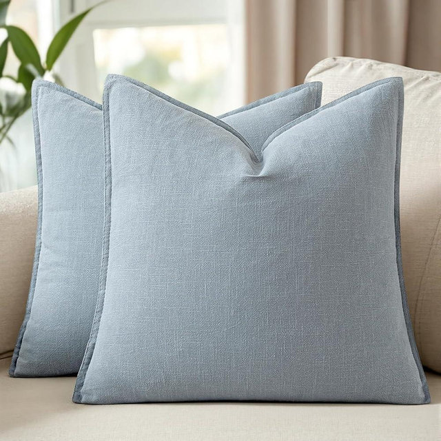 Woaboy 18x18 Inch Set of 2 Decorative Linen Solid Throw Pillow Covers Boho Accent Farmhouse Couch Pillowcases Modern Netural Home Decor for Couch Sofa Living Room Bed,Light Blue