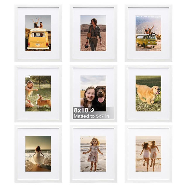 KINLINK 8x10 Picture Frame Set of 9, Wooden 10x8 Photo Frames with Plexiglass for 5x7 Pictures with Mat or 8x10 Without Mat, Art Collage for Wall Gallery and Tabletop Display, 8 x 10 Frame White