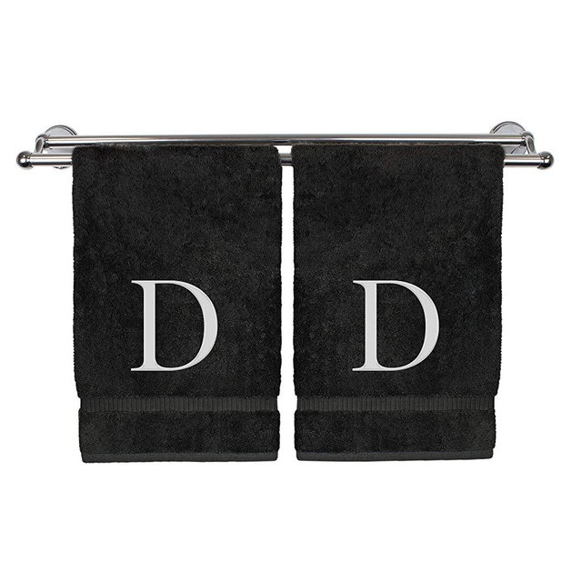 Monogrammed Hand Towel, Personalized Gift, Set of 2- White Block Letter Embroidered Towel - Extra Absorbent 100% Turkish Cotton - Soft Terry Finish - Initial D Black