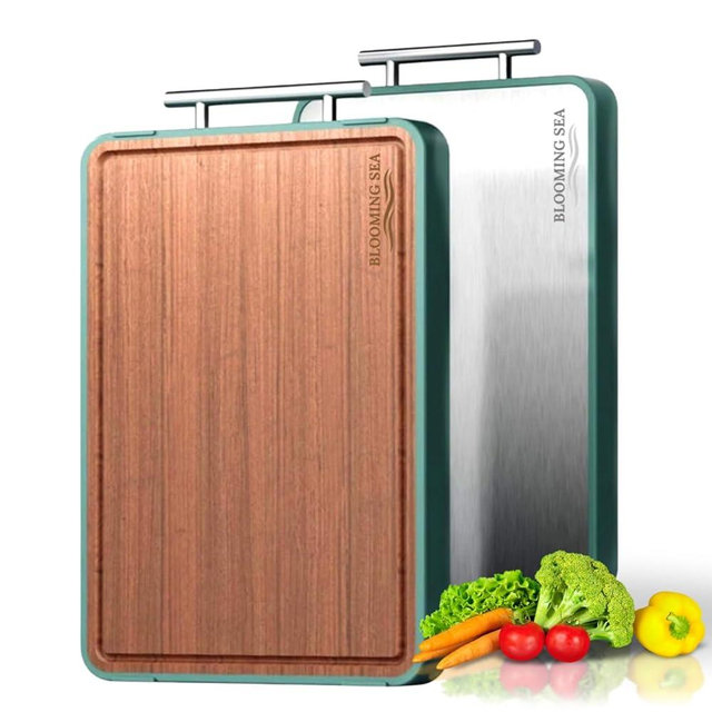 Blooming Sea Double-Sided Cutting Board – Generously Sized Stainless Steel & Ebony Wood, Non-Slip Chopping Board with Juice Groove – 2-in-1 Cutting board for Fish, Meat, Vegetables, BBQ, Charcuterie.
