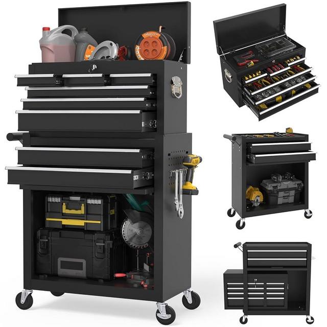 Wanmwill Tool Chest, 8-Drawer Rolling Tool Storage Cabinet with 2 in 1 Detachable Top Tool Box, Liner, Lockable Wheels, Side Hooks, Locking Mechanism, Metal Tool Cart for Garage (Black)