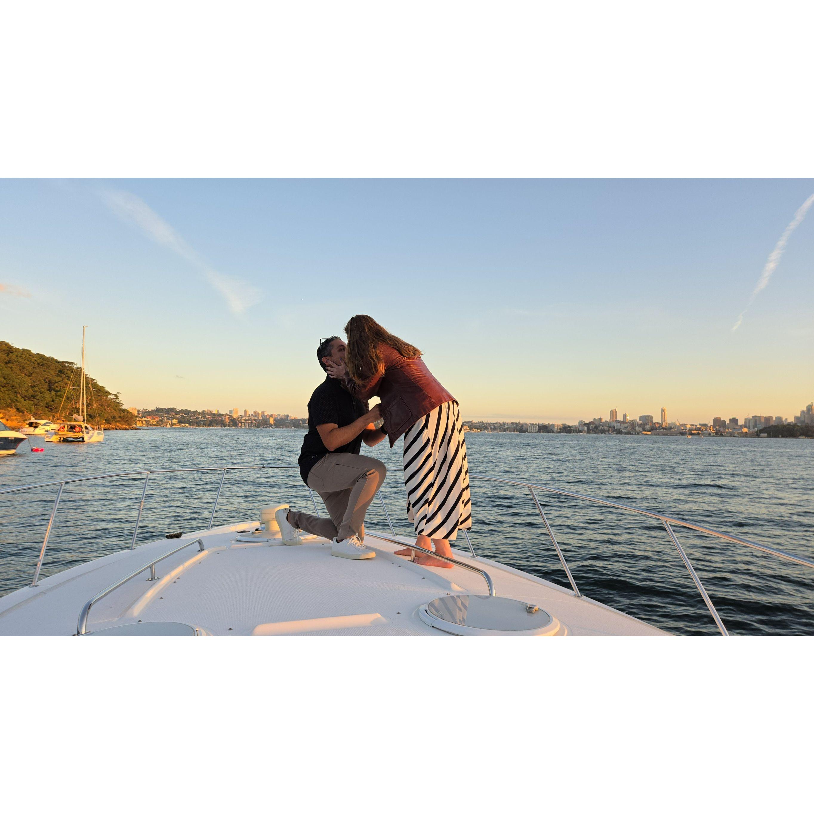 Sunset, a boat, charcuterie, champagne, the Sydney Opera House, the Harbor Bridge, and a proposal: does it get any better than that?