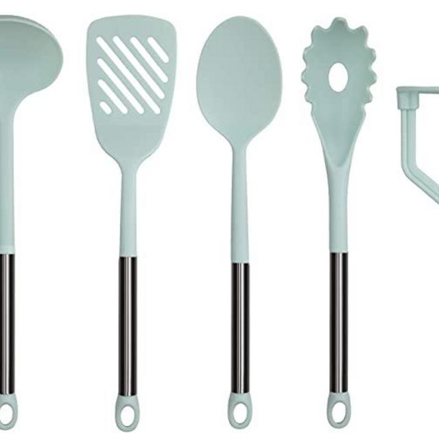 Country Kitchen 7 Piece Nylon Cooking Utensil Set for Nonstick Cookware, Kitchen Utensil Set with Stainless Steel Handles (Gunmetal & Mint Green)