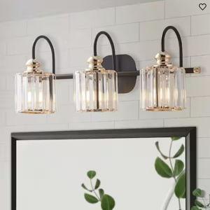 Merrin 23.1 in. 3-Light Black Golden Bathroom Vanity Light with Crystal Shades