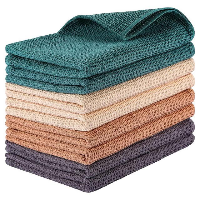 8 Pack Cotton Waffle Weave Kitchen Towels 17 x 25, Super Absorbent Kitchen Hand Dish Cloths for Drying and Cleaning (Beige, Khaki, Teal, Dark Grey)
