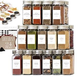 FINESSY Glass Spice Jars with Labels with Metal Lids and Shakers 24 Pack Set, 4oz Small Empty Air Tight Spice Containers with Labels, Clear Seasoning Containers Herb Bottles Kitchen Storage Organizer