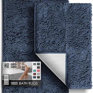 Navy Bathroom Rugs, Chenille Bath Mat - Machine Washable Bath Mats for Bathroom Non-Slip Backing Rubber, Quick Dry Bathroom Mat