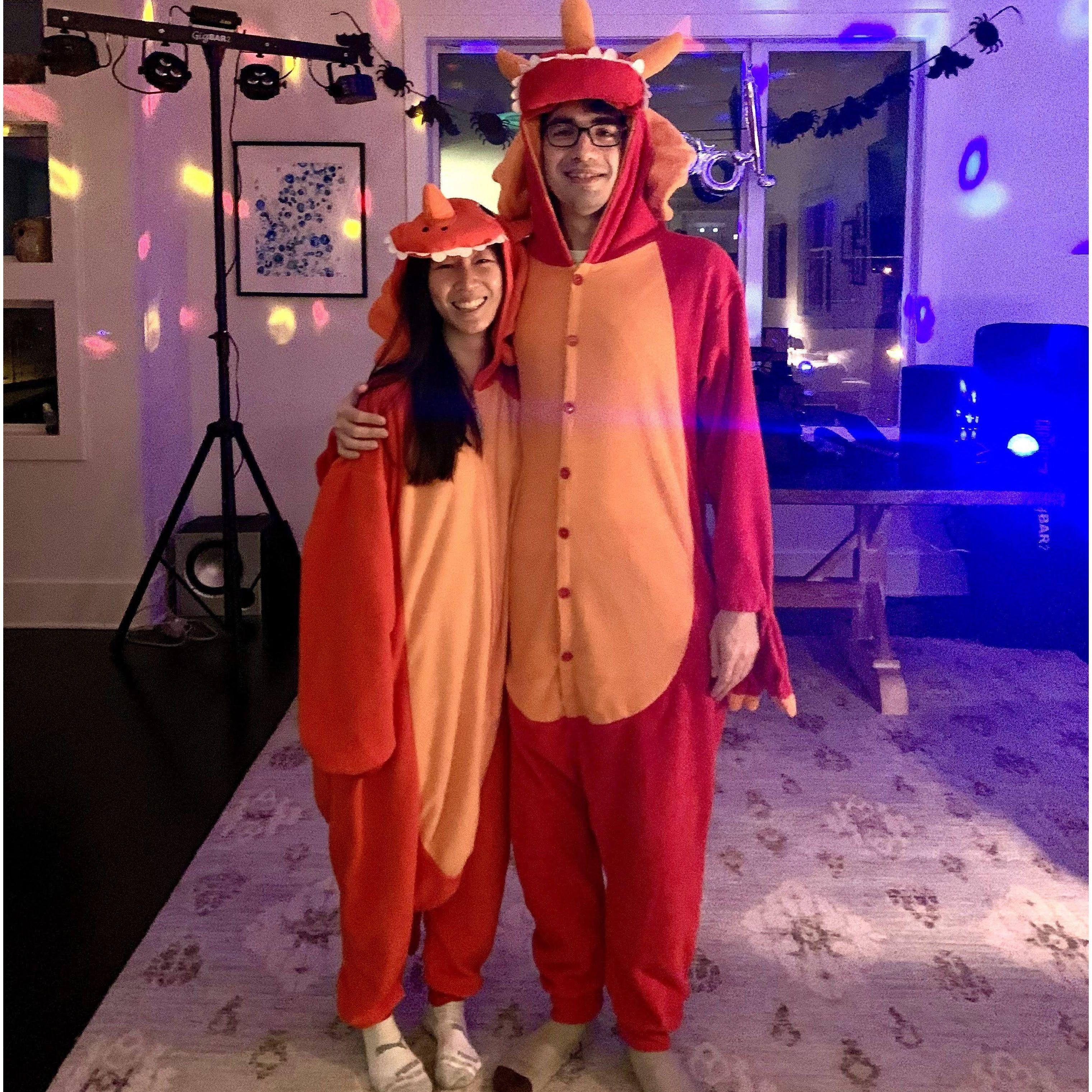 Second place to an inflatable penguin costume. Our first matching Halloween costumes!