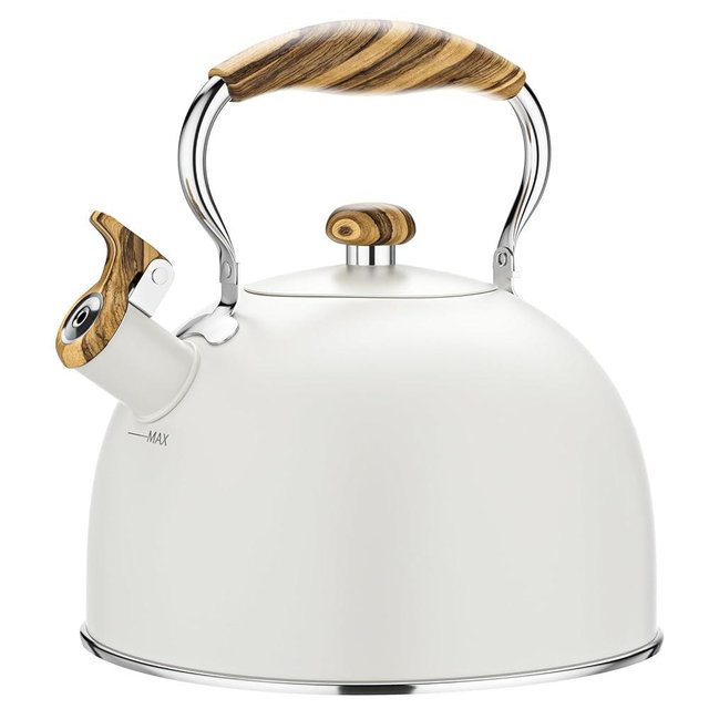 2.5 Liter Tea Kettle Stovetop Whistling Stovetop Tea Kettle for Stove Top, Tea Pots kettle for Stove Top Food Grade Stainless Steel Tea Kettles with Cool Wood Pattern Handle, Cream
