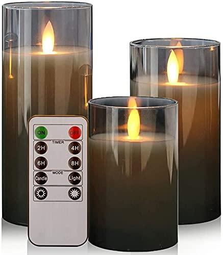 GenSwin Battery Operated LED Flameless Flickering Candles with 10-Key Remote Control, Moving Wick Pillar Glass Candles Real Wax for Festival Wedding Christmas Home Party Decor(Pack of 3, Gray)